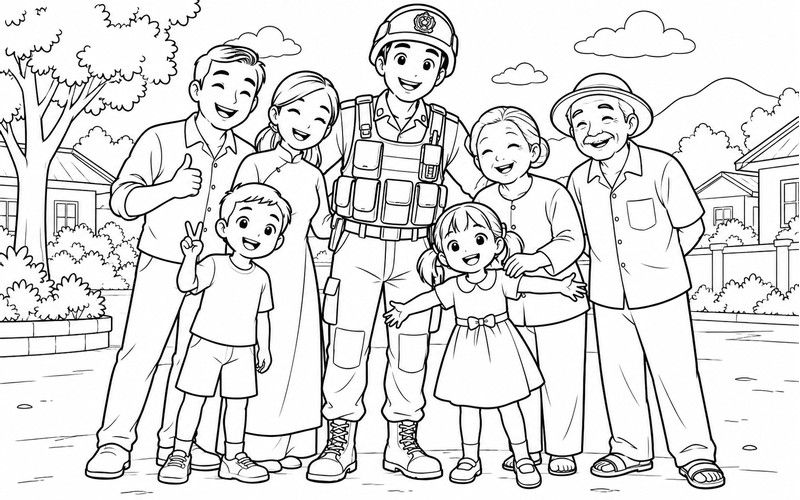 Tranh tô màu cảnh sát cơ động chụp ảnh với người dân