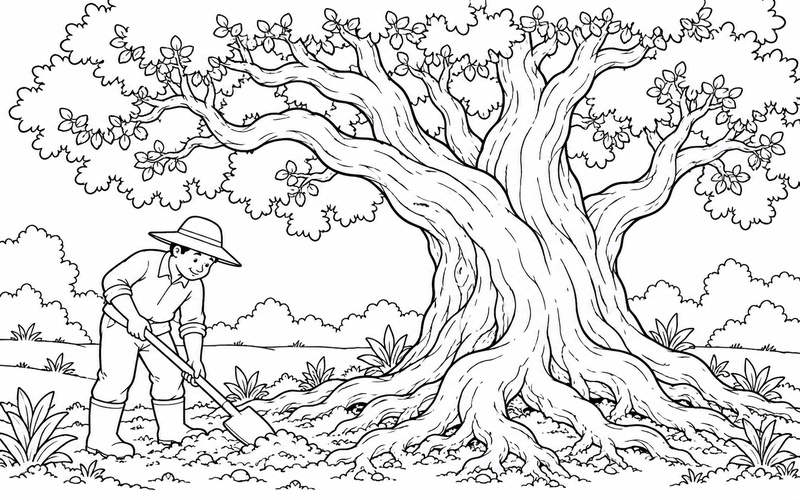 Tranh tô màu cây cổ thụ và người làm vườn