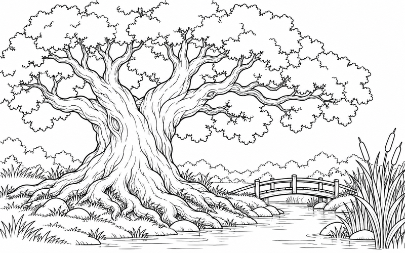 Tranh tô màu cây cổ thụ bên cầu nhỏ