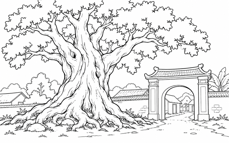 Tranh tô màu cây cổ thụ bên cổng làng