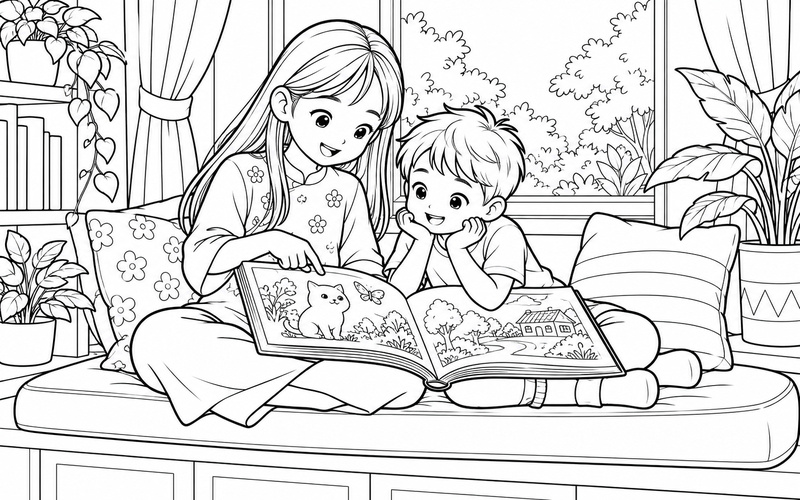 Tranh tô màu chị gái và em trai đọc sách bên cửa sổ