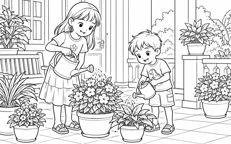 Tranh tô màu chị gái và em trai tưới cây trên sân hiên
