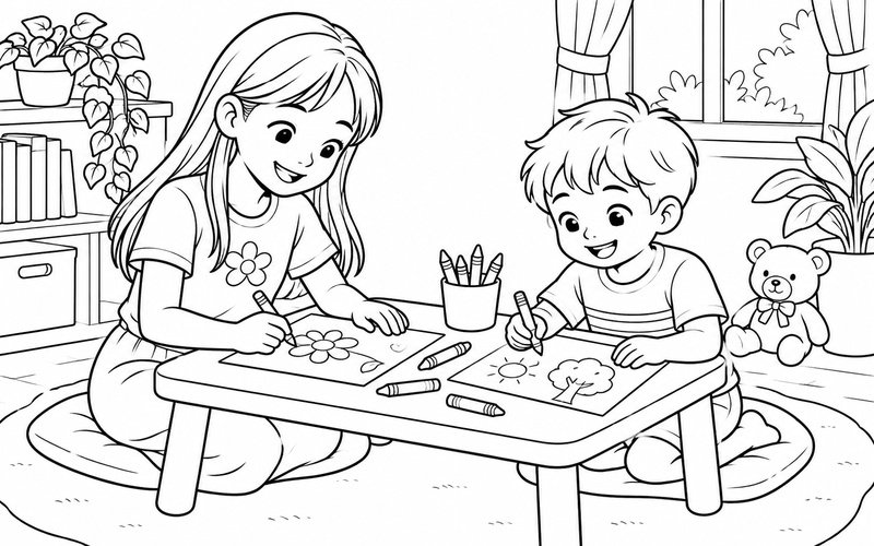 Tranh tô màu chị gái và em trai vẽ tranh tại bàn nhỏ