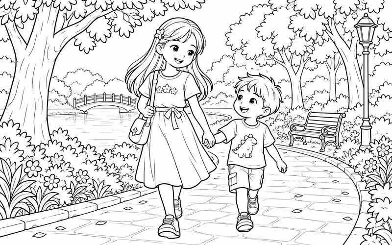 Tranh tô màu chị gái và em trai dạo bước dưới hàng cây