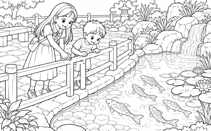 Tranh tô màu chị gái và em trai ngồi ngắm cá trong hồ