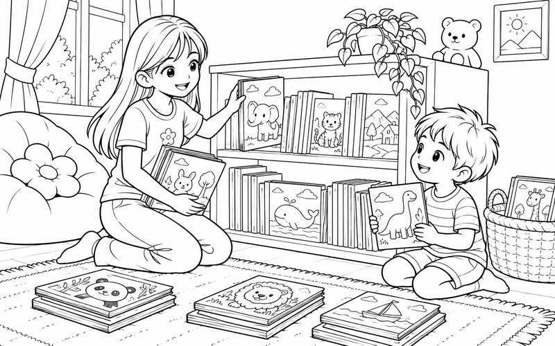 Tranh tô màu chị gái và em trai xếp sách vào kệ