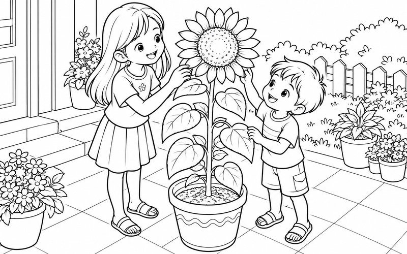 Tranh tô màu chị gái và em trai chăm sóc chậu hoa hướng dương