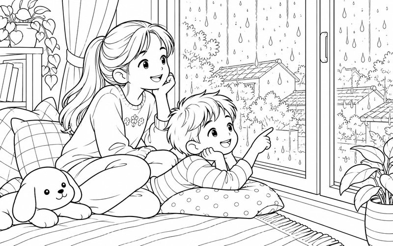 Tranh tô màu chị gái và em trai ngắm mưa qua cửa sổ
