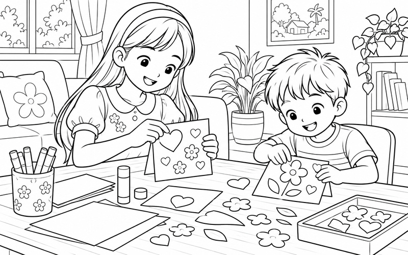 Tranh tô màu chị gái và em trai làm thiệp từ giấy màu