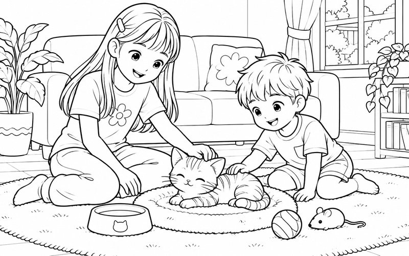 Tranh tô màu chị gái và em trai chăm sóc mèo con
