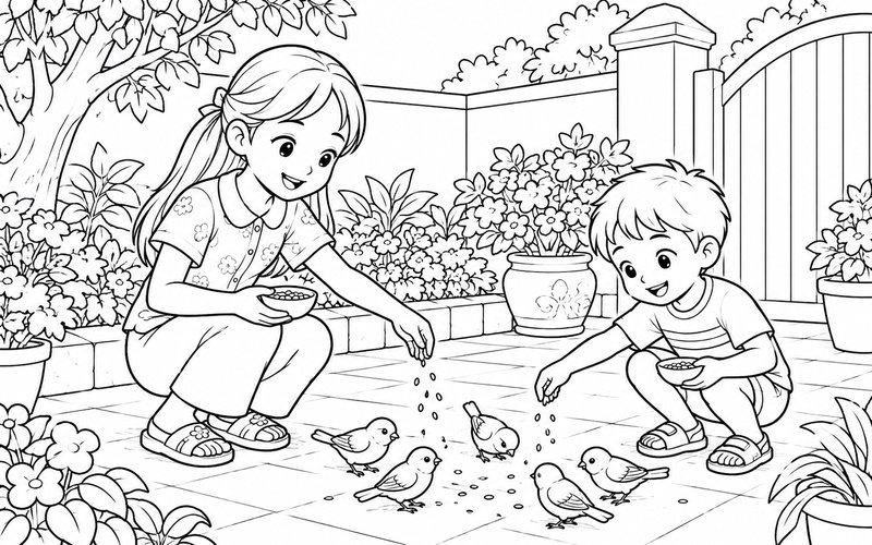 Tranh tô màu chị gái và em trai cho chim ăn trong sân