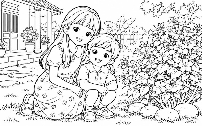 Tranh tô màu chị gái và em trai chụp ảnh kỷ niệm bên vườn hoa