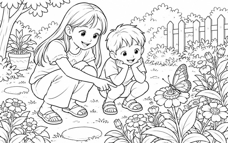 Tranh tô màu chị gái và em trai ngắm bươm bướm trên hoa