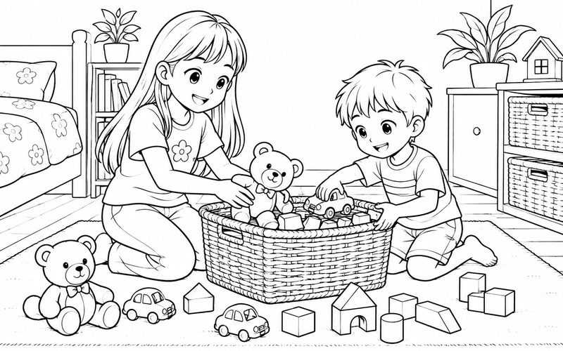 Tranh tô màu chị gái và em trai xếp đồ chơi vào giỏ