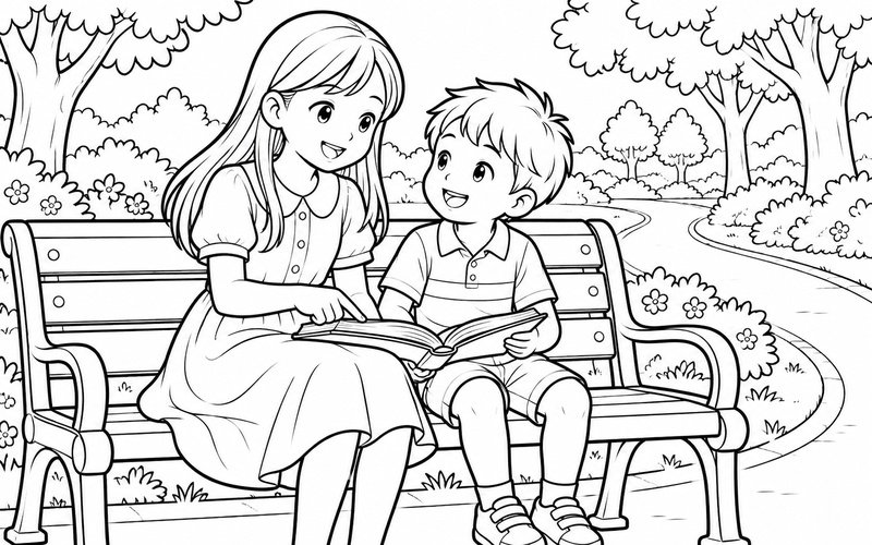Tranh tô màu chị gái và em trai ngồi chơi trên ghế công viên