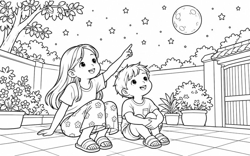 Tranh tô màu chị gái và em trai ngắm trăng từ sân nhà