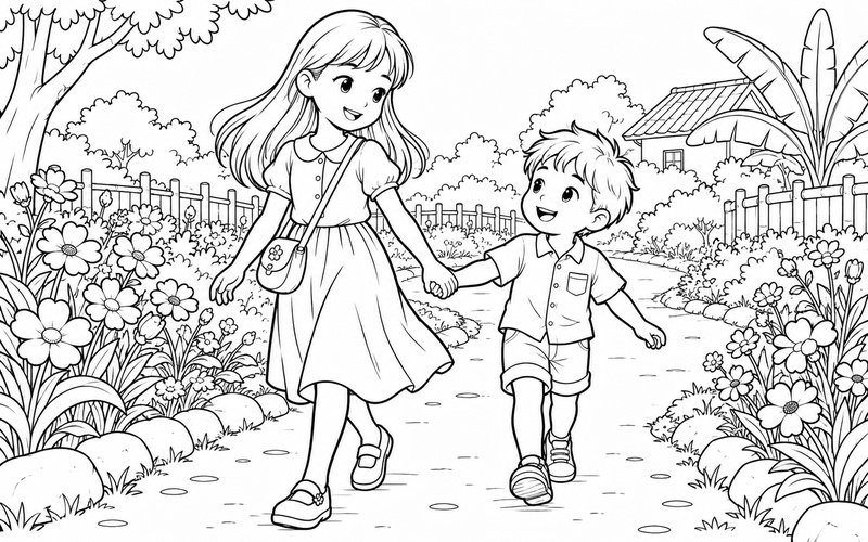 Tranh tô màu chị gái và em trai dạo chơi giữa vườn hoa