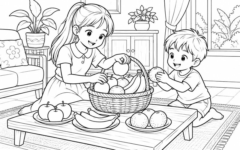 Tranh tô màu chị gái và em trai sắp xếp giỏ trái cây