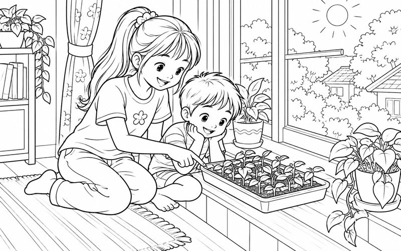 Tranh tô màu chị gái và em trai chăm sóc cây mới nảy mầm
