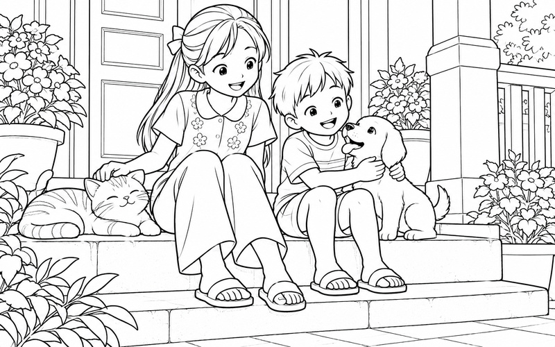 Tranh tô màu chị gái và em trai ngồi bên hiên nhà buổi sáng