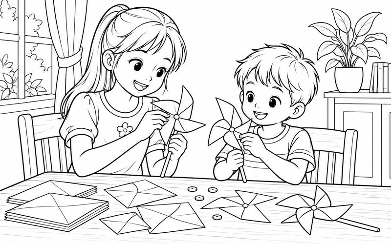 Tranh tô màu chị gái và em trai làm chong chóng giấy