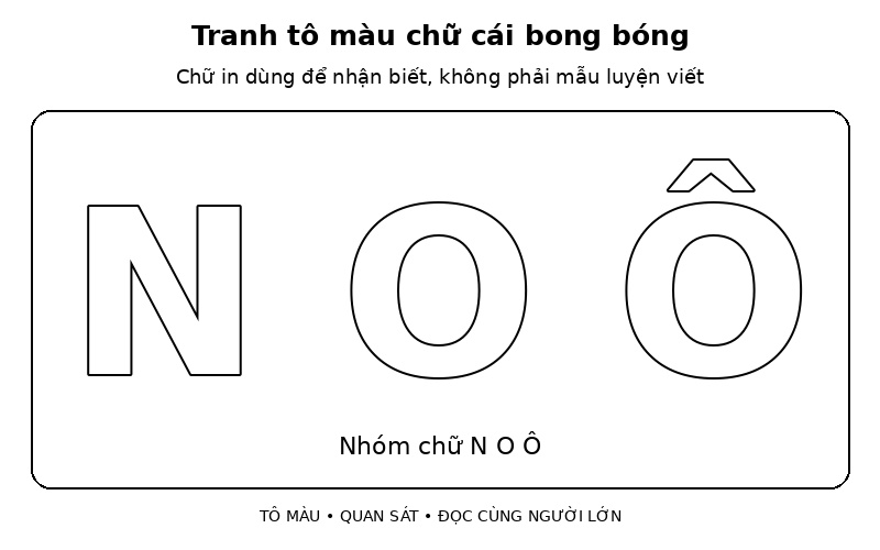 Tranh tô màu chữ cái bong bóng: nhóm chữ N O Ô