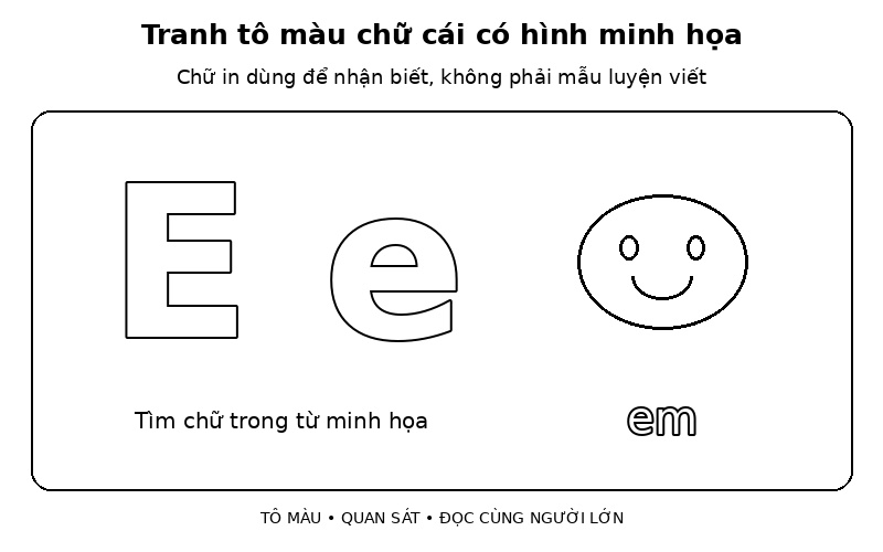Tranh tô màu chữ cái có hình minh họa: e – em