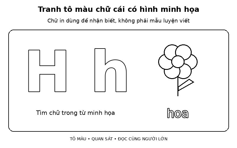 Tranh tô màu chữ cái có hình minh họa: h – hoa