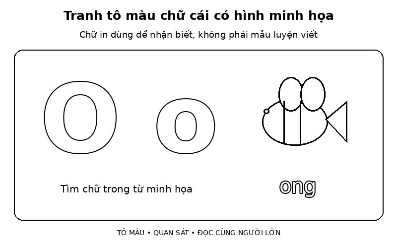 Tranh tô màu chữ cái có hình minh họa: o – ong