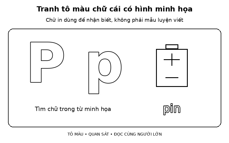 Tranh tô màu chữ cái có hình minh họa: p – pin