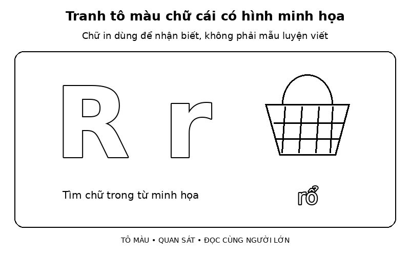 Tranh tô màu chữ cái có hình minh họa: r – rổ
