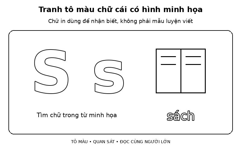 Tranh tô màu chữ cái có hình minh họa: s – sách