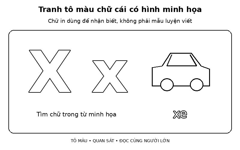 Tranh tô màu chữ cái có hình minh họa: x – xe