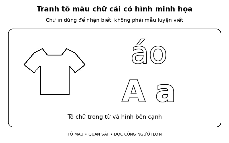 Tranh tô màu chữ cái có hình minh họa: tìm chữ A trong từ áo