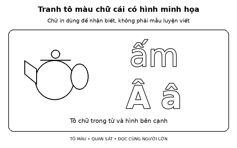 Tranh tô màu chữ cái có hình minh họa: tìm chữ Â trong từ ấm