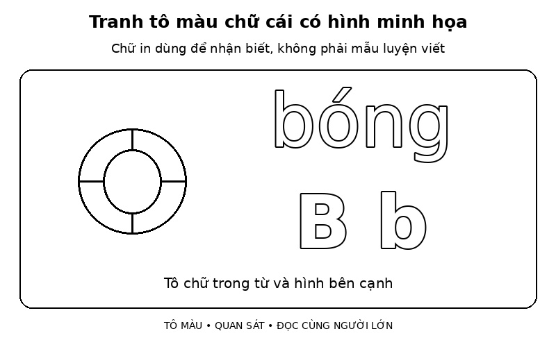 Tranh tô màu chữ cái có hình minh họa: tìm chữ B trong từ bóng