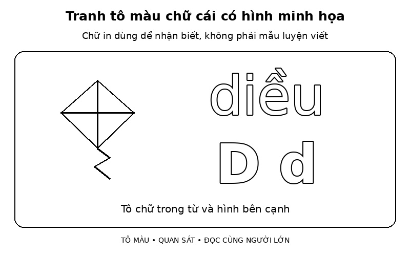 Tranh tô màu chữ cái có hình minh họa: tìm chữ D trong từ diều