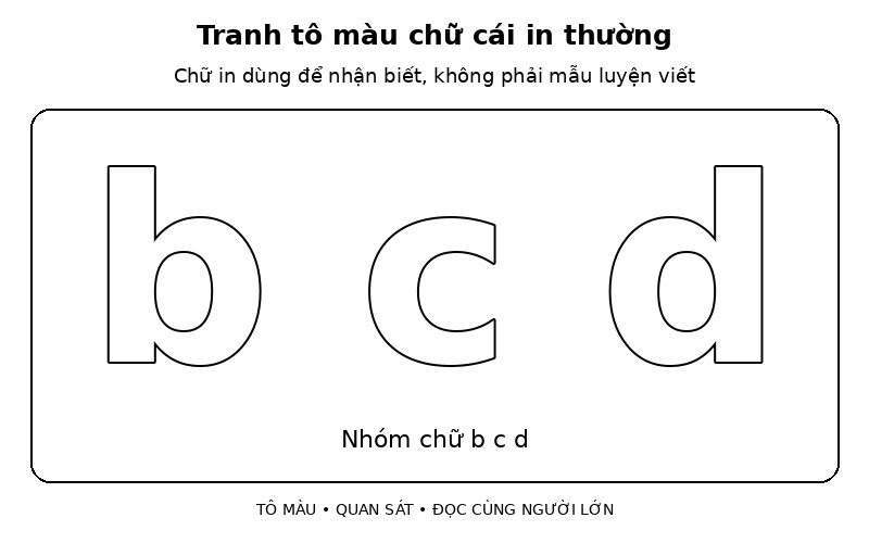 Tranh tô màu chữ cái in thường: nhóm chữ b c d