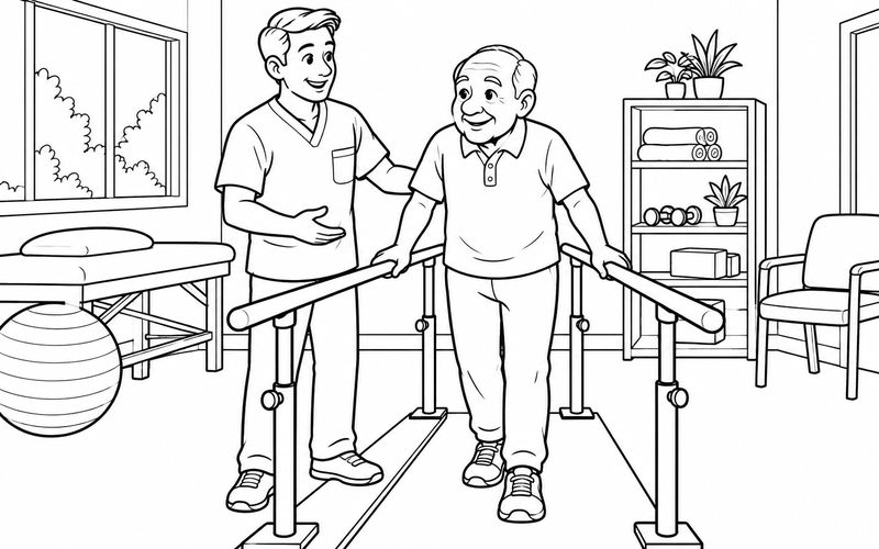 Tranh tô màu chuyên viên vật lý trị liệu hỗ trợ người cao tuổi tại thanh tập đi