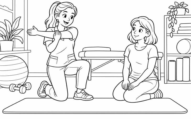 Tranh tô màu chuyên viên vật lý trị liệu làm mẫu động tác tay trên thảm
