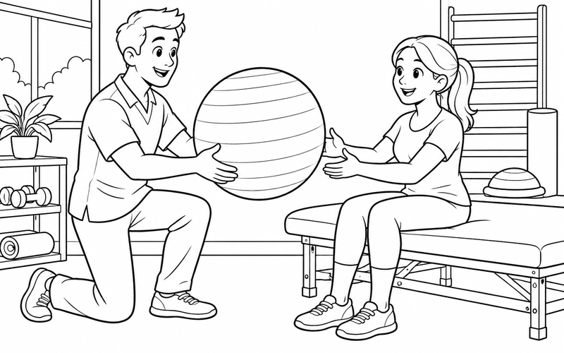Tranh tô màu chuyên viên vật lý trị liệu trao bóng tập cho người bệnh