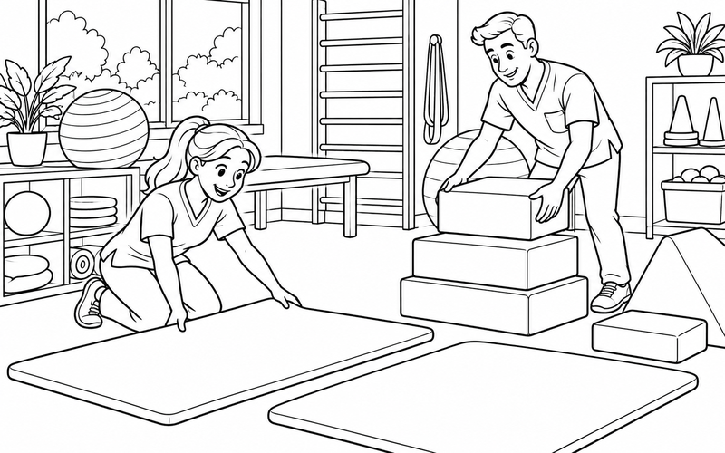Tranh tô màu chuyên viên vật lý trị liệu sắp xếp thảm và khối tập