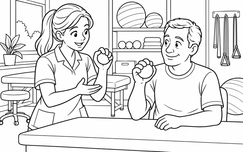 Tranh tô màu chuyên viên vật lý trị liệu giới thiệu bóng tập bàn tay