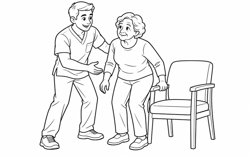 Tranh tô màu chuyên viên vật lý trị liệu hỗ trợ người cao tuổi đứng cạnh ghế