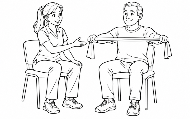 Tranh tô màu chuyên viên vật lý trị liệu giới thiệu dây tập đàn hồi
