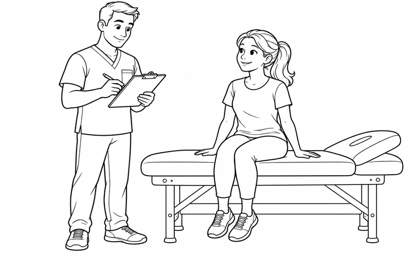 Tranh tô màu chuyên viên vật lý trị liệu ghi chép bên ghế trị liệu