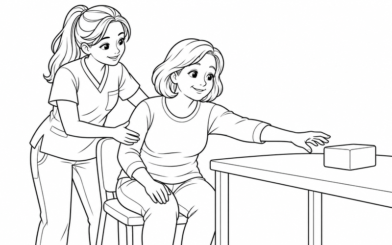 Tranh tô màu chuyên viên vật lý trị liệu hỗ trợ động tác với tay tới khối mềm