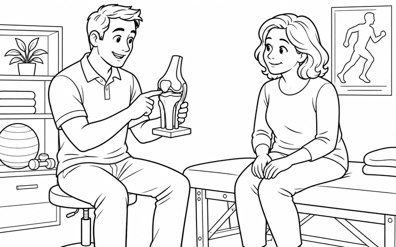 Tranh tô màu chuyên viên vật lý trị liệu giải thích mô hình khớp gối