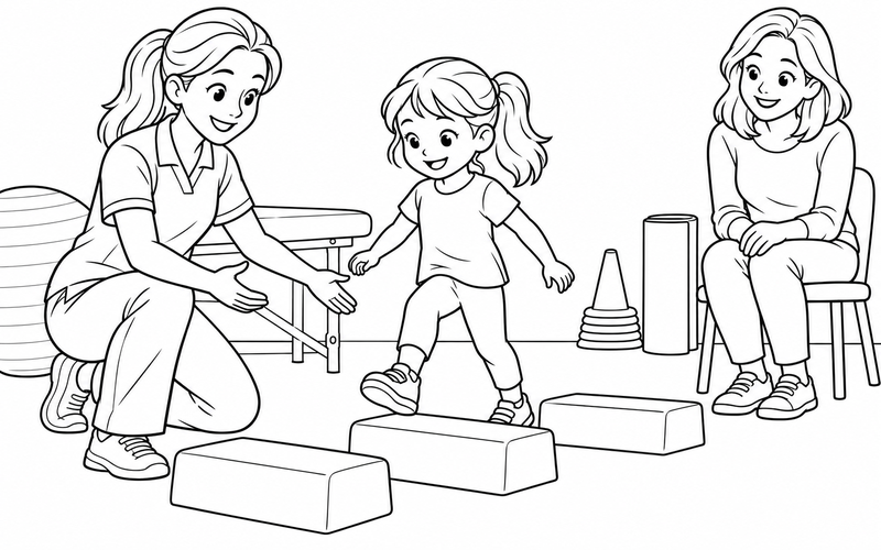 Tranh tô màu chuyên viên vật lý trị liệu đồng hành cùng bé qua khối tập thấp