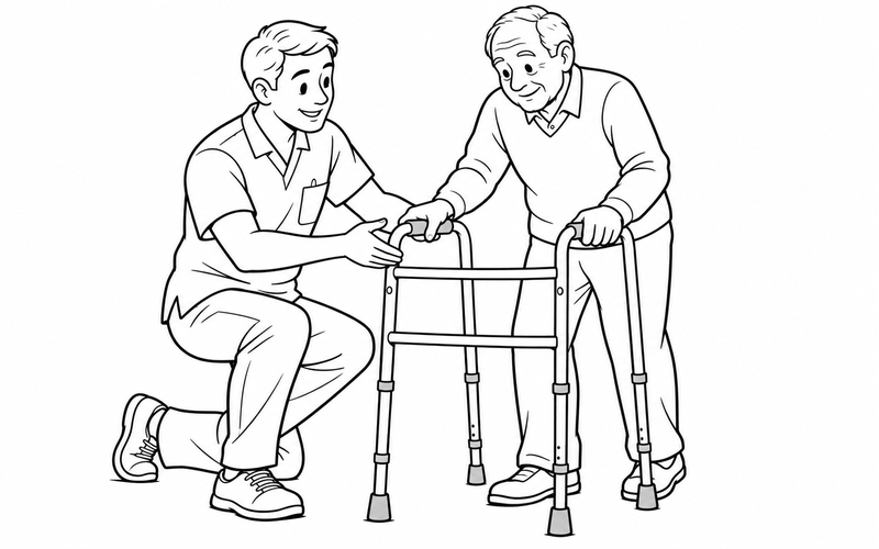 Tranh tô màu chuyên viên vật lý trị liệu giới thiệu khung tập đi cho người cao tuổi